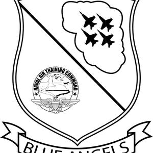 May include: A black and white emblem with the text "BLUE ANGELS" on a banner. The emblem features a shield design with four stylized jet aircraft, a diagonal line, and the words "NAVAL AIR TRAINING COMMAND".