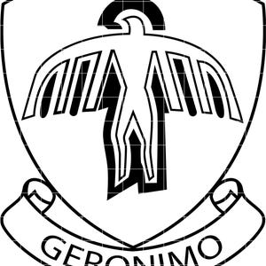 May include: A monochrome graphic featuring a shield design with a bird emblem. The word "GERONIMO" is written on a banner at the shield's base. The bird's wings are spread.