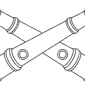 Op de afbeelding: Zwart-wit illustratie van twee gekruiste kanonnen. De kanonnen zijn gedetailleerd met meerdere ringen en een cirkelvormige opening aan de zijkant. De afbeelding is een grafische weergave van artillerie.