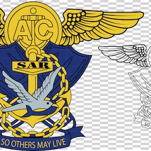 Op de afbeelding: Een gedetailleerd embleem met een gouden anker, vleugels en een schild met de letters "AC" en "SAR". Een blauw schild en een duif zijn ook aanwezig. De tekst "SO OTHERS MAY LIVE" staat onderaan.