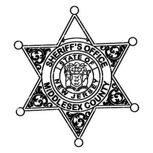 May include: Black and white Sheriff's Office badge from Middlesex County, New Jersey. The six-pointed star design features the text "SHERIFF'S OFFICE" at the top, and "MIDDLESEX COUNTY NEW JERSEY" around the bottom.