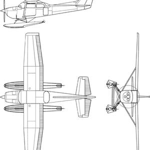 May include: Line drawing of a seaplane and a twin-engine aircraft, along with a helicopter. The seaplane is shown from the side, with floats. The twin-engine aircraft is shown from above. The helicopter is shown from above.