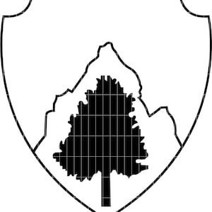 May include: A black and white heraldic crest featuring a tree and mountain silhouette within a shield shape. The tree is solid black, and the mountain range is outlined in black. The shield has a black outline.