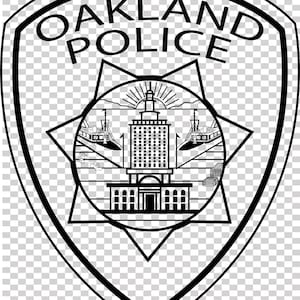 May include: Black and white Oakland Police badge design. The badge features the words "OAKLAND POLICE" at the top, a star in the center, and a detailed illustration of a building and boats.