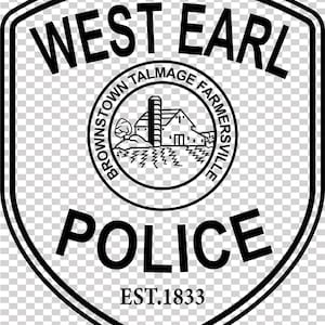 May include: A black and white police badge with the words "WEST EARL POLICE" at the top and bottom. The center features a circular emblem with a farm scene and the text "BROWNSTOWN TALMAGE FARMERSVILLE". The badge is outlined with a black border and the text "EST. 1833".