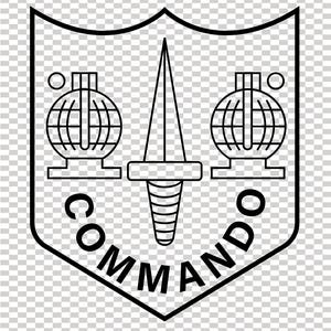May include: Black and white Commando emblem. The emblem features a shield shape with a dagger in the centre, flanked by two globe-like objects. The word "COMMANDO" is curved along the bottom edge of the shield.