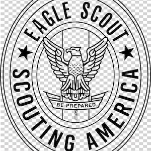 May include: Black and white Eagle Scout emblem. The design features an eagle with outstretched wings, the words "Eagle Scout" and "Scouting America" in a circular border, and the motto "Be Prepared". Two stars are also included.