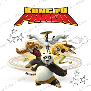 May include: A colorful graphic featuring characters from the animated film "Kung Fu Panda." The title is displayed in red and yellow. The image includes a panda, tiger, crane, and monkey, with star and swirl accents.