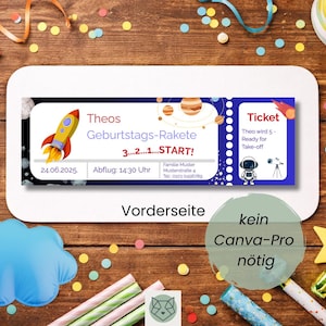 May include: A birthday party invitation with a rocket ship theme. The invitation features a colorful rocket, planets, and the text "Theos Geburtstags-Rakete 3...2...1...START!" and "Ticket". The date and time are also included.