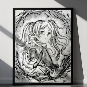 Original Handmade Anime Inspired Poster | Frieren Elf Mage Fan Art Print | Black and White Ink Drawing | Manga Wall Art Framed Poster