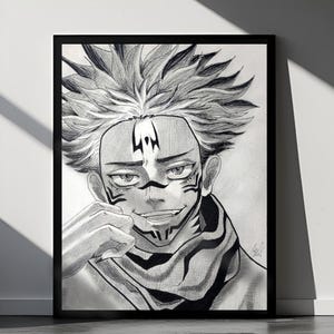 Original handmade JJK inspired drawing | Sukuna Inspired Fan Art Print | Anime Ink Print | Manga Wall Art Black and White Framed Poster