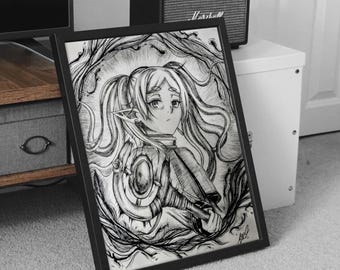Gerahmte Frieren Kunstdruck | Handgezeichnetes Elfen Magier Poster | Bereit zum Aufhängen Manga Wall Art