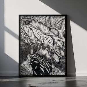 Hand-Drawn Chainsawman Print Anime Inspired Fan Art Framed Poster | Hand drawn Aki Ink Illustration | Black and White Manga Wallart