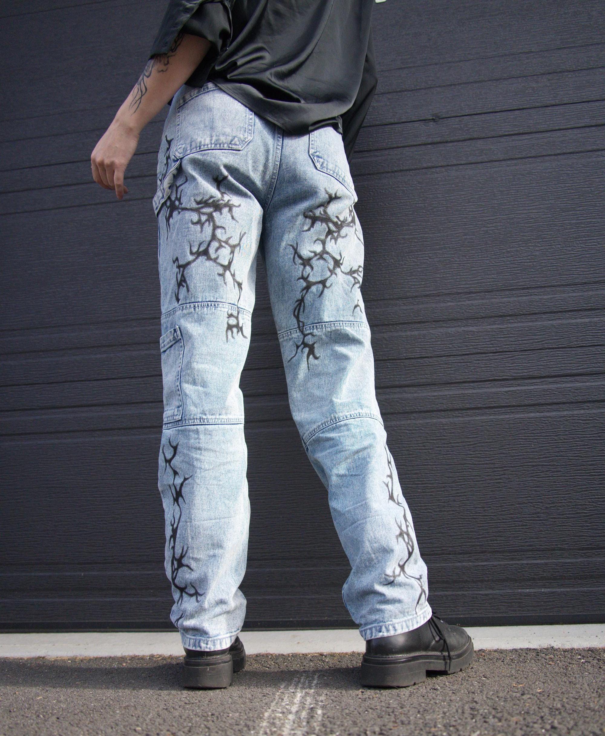 EXCLUSIVE Cybersigilism Jeans, Hand-painted Upcycled Design
