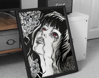 Oprawiony wydruk sztuki gotyckiej mangi – ręcznie robiony plakat z ilustracją tuszem | Gotowy do powieszenia, dekoracja ścienna inspirowana mrocznym horrorem i anime