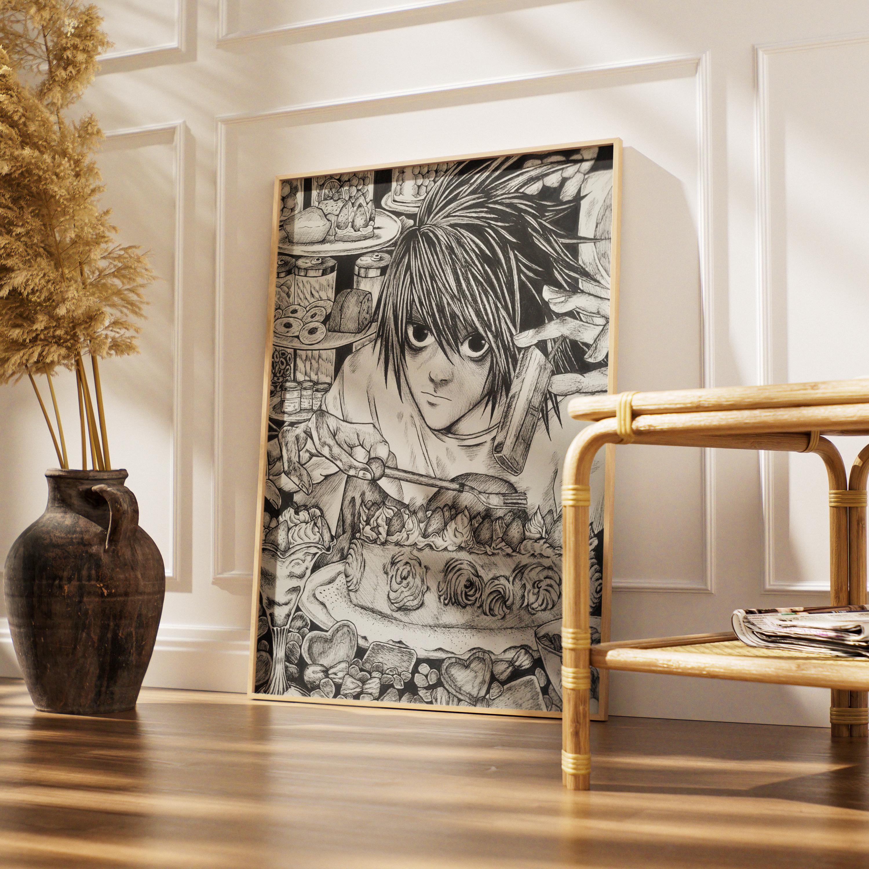 DEATH NOTE L ポスター 額縁入り Death Note Hand-drawn Poster of L | Manga Anime Wall Art | Fan Art