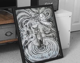 Framed Kindred Artwork Poster | Hand-Drawn LoL Fan Art Print | Black and White Gaming Room Decor