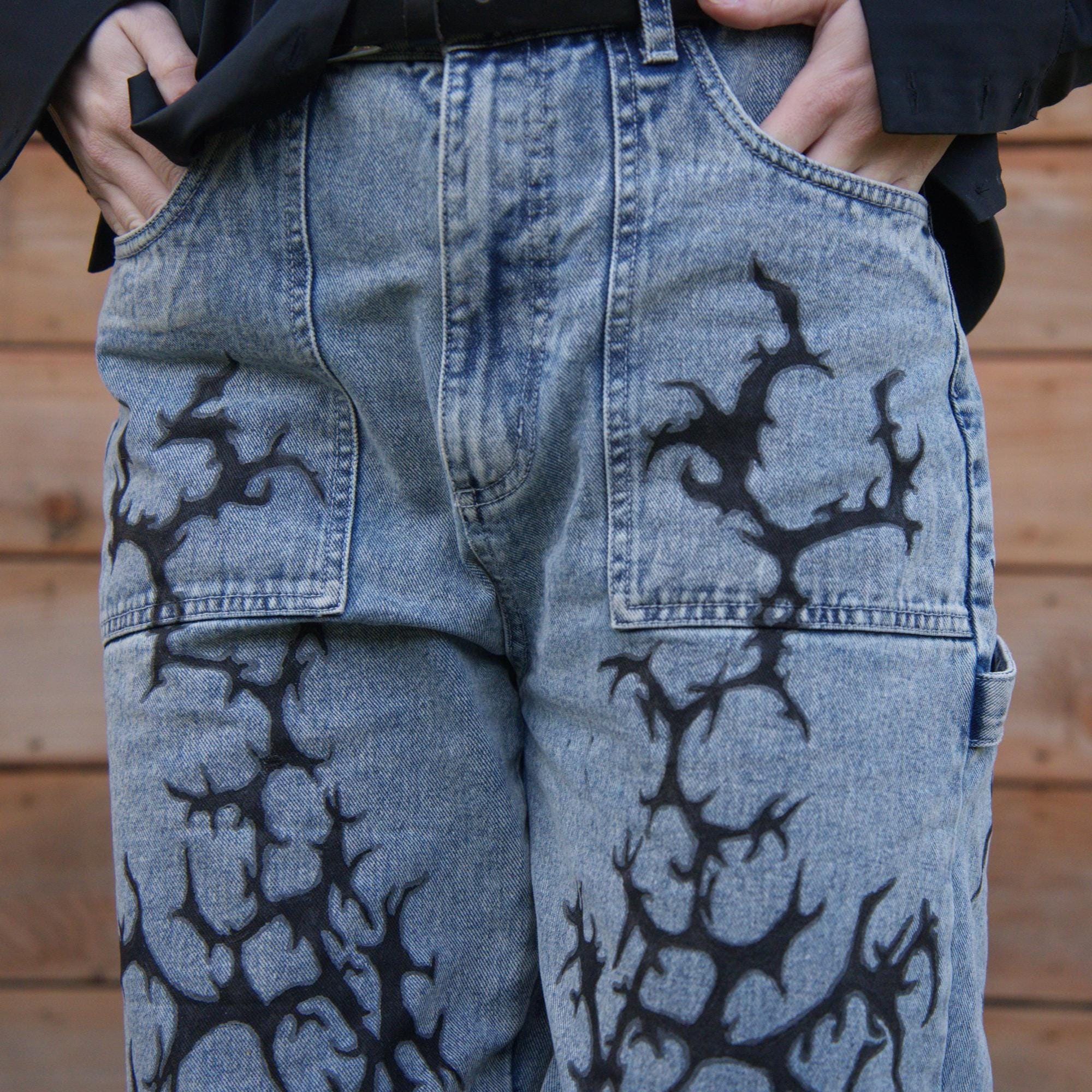 EXCLUSIVE Cybersigilism Jeans, Hand-painted Upcycled Design