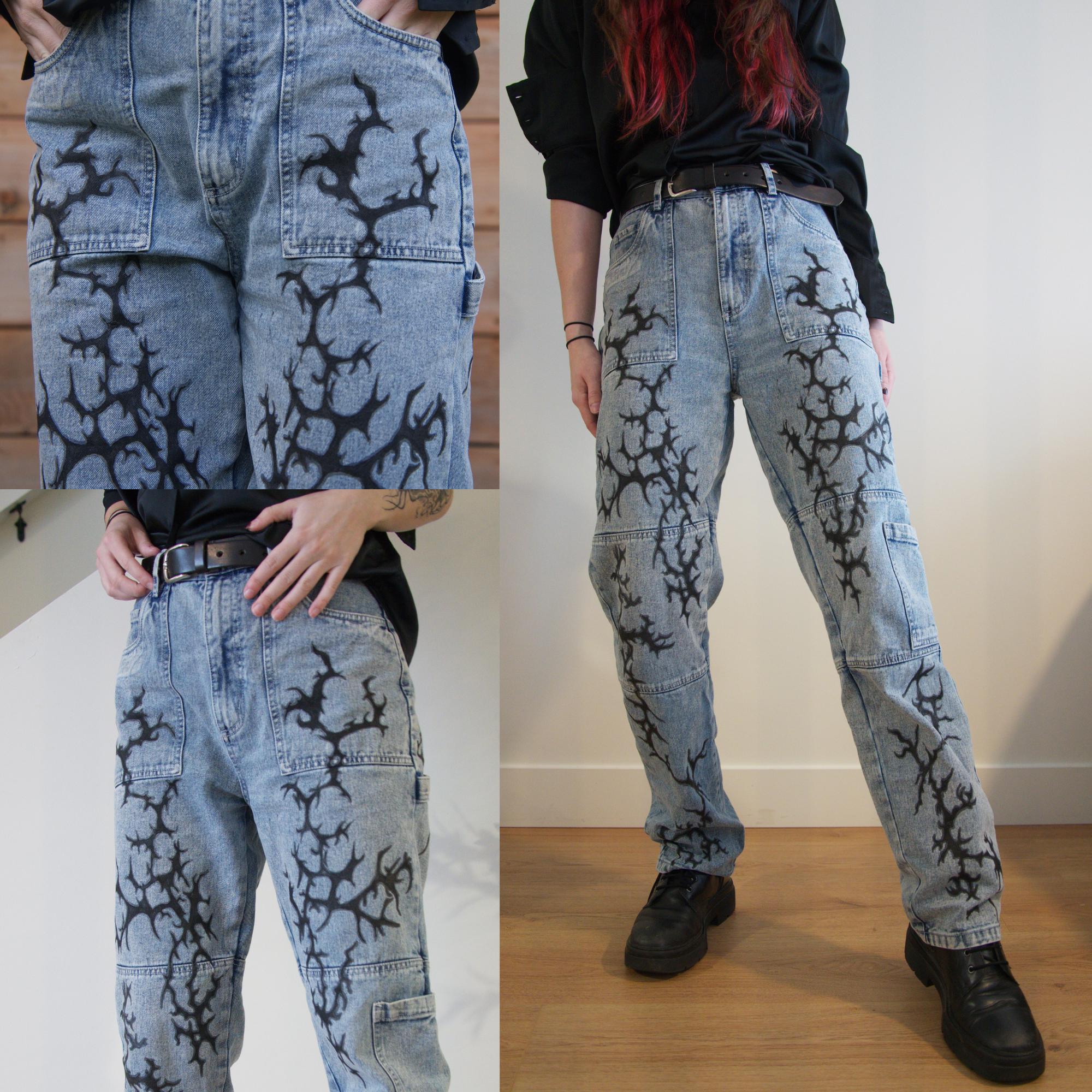 EXCLUSIVE Cybersigilism Jeans, Hand-painted Upcycled Design