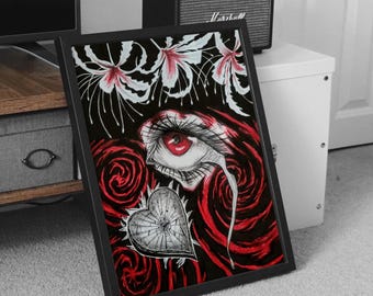Ręcznie rysowany gotycki wydruk artystyczny – smutny, mroczny, estetyczny, ręcznie robiony, oryginalny plakat z ilustracją tuszem | Dekoracja ścienna inspirowana mrocznym horrorem i anime