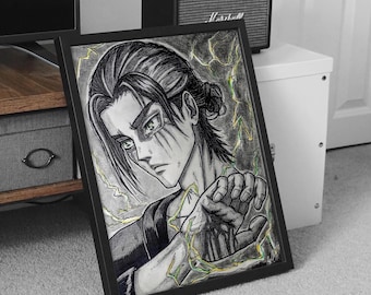 Framed AoT Poster | Eren Unique Hand-Drawn Fan Art | Ready to Hang Manga anime Wall Art