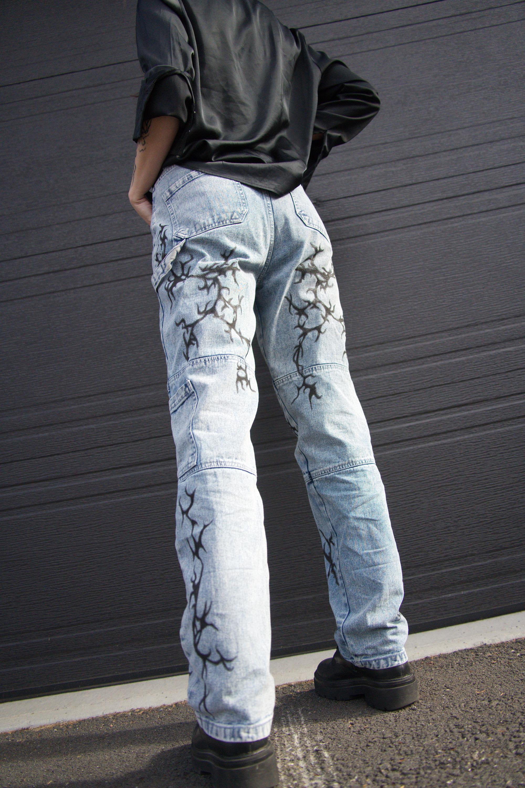EXCLUSIVE Cybersigilism Jeans, Hand-painted Upcycled Design