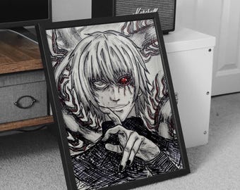 Framed Kaneki Poster | Hand-Drawn Tokyo Ghoul Illustration Print | Ready to Hang Manga Anime Wall Art