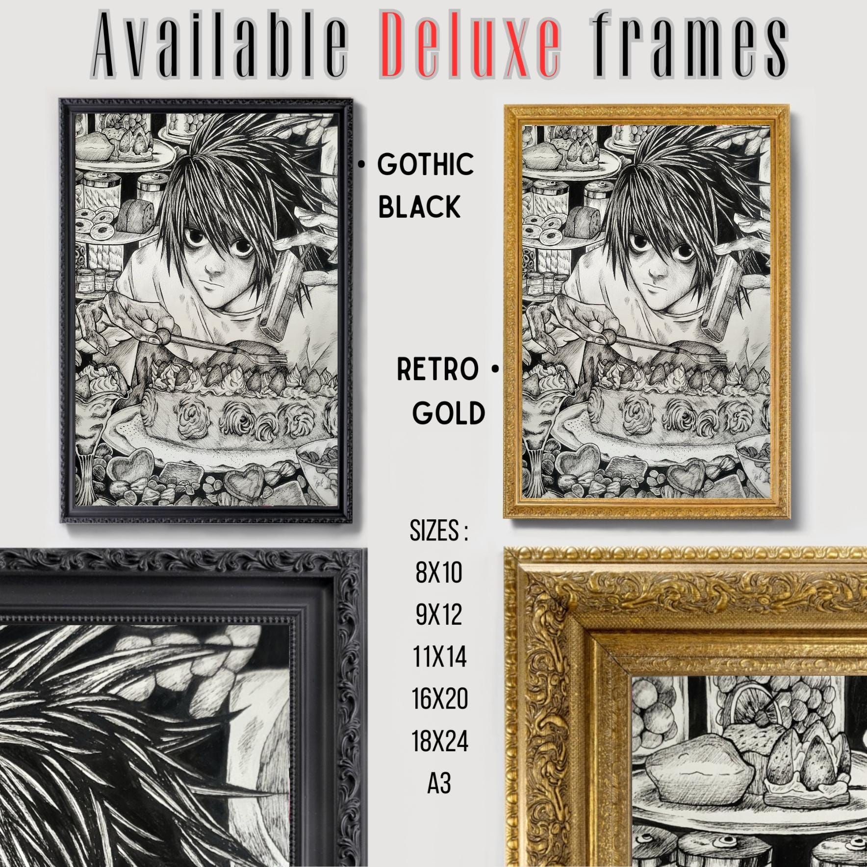Framed Death Note Hand-drawn Poster | Anime Inspired L Fan Art