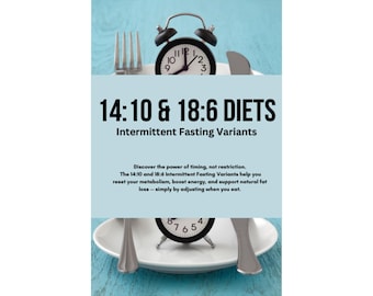 Può includere: Immagine promozionale con il testo "14:10 & 18:6 DIETS Intermittent Fasting Variants." L'immagine presenta un orologio, una forchetta e un coltello su un piatto. Il testo spiega i benefici del digiuno intermittente.