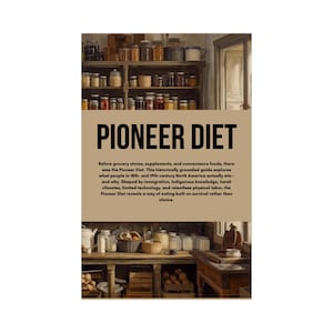 Może przedstawiać: Okładka książki z tytułem "PIONEER DIET" w dużych literach. Obraz przedstawia rustykalną spiżarnię wypełnioną słoikami i drewnianymi półkami, przywołującą historyczne przechowywanie żywności i prostszy styl życia.
