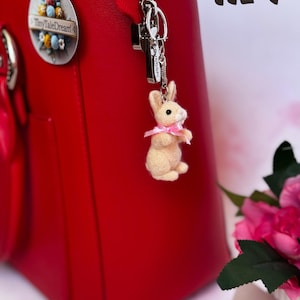 Peut inclure: Un sac à main rouge avec une fermeture éclair argentée et un petit porte-clés lapin. Le lapin est beige avec un nœud rose. Une étiquette avec le texte "Tiny Tale Dream" est accrochée au sac.