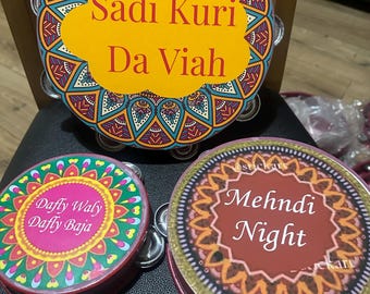 Mehndi Dafli Tambourine Props Set of 3 | Hand Painted Punjabi Wedding Decor