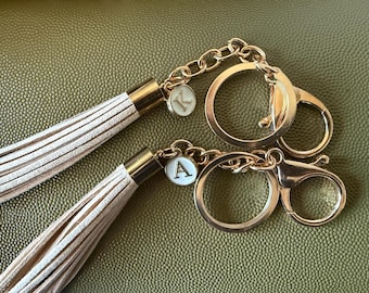 Personalized Initial Fringe Keychain, Suede Tassel with Letter Charm