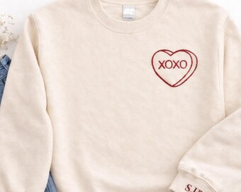 Embroidered XOXO Sweatshirt |  Personalized Initials | Valentine’s Day| Candy Heart| Gift  | Friends Couples Family