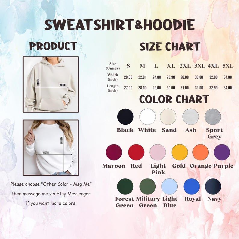 Puede incluir: Tabla de tallas y colores para sudaderas y sudaderas con capucha. La tabla incluye medidas en pulgadas para las tallas S a 5XL. Las opciones de color incluyen negro, blanco, granate, rojo y m&aacute;s. Texto: "SWEATSHIRT & HOODIE".