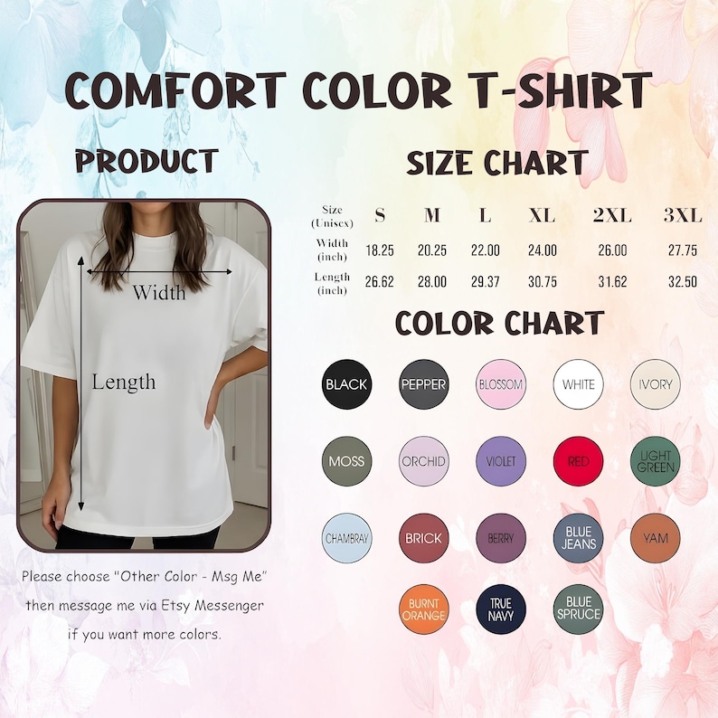 Puede incluir: Camiseta Comfort Color blanca con tablas de tallas y colores. La tabla de tallas muestra medidas de ancho y largo en pulgadas. La carta de colores incluye opciones como negro, pimienta, flor y violeta.