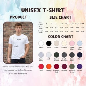 Puede incluir: Una camiseta unisex blanca con una tabla de tallas y opciones de color. La tabla de tallas muestra anchos de 45,69 cm a 81,10 cm y largos de 73,66 cm a 88,90 cm. Las opciones de color incluyen blanco, negro y azul marino.