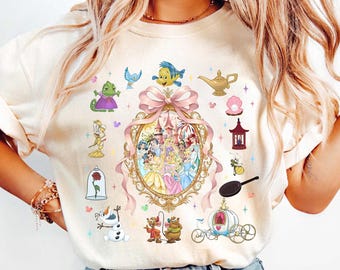 Retro Prinzessin Coquette Bow Shirt, magisches Schloss & Spiegel-Grafik-T-Shirt, rosa Cartoon-Familienurlaub-Shirt, süßes passendes Reise-Outfit