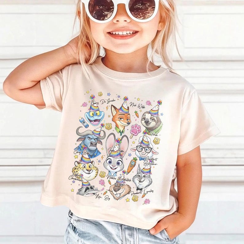 Op de afbeelding: Beige T-shirt met kleurrijke cartoonfiguren uit Zootopia, elk met een feesthoedje. De personages zijn onder meer een vos, een konijn, een luiaard en anderen. De namen van de personages staan erboven.