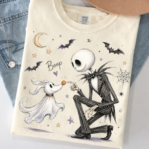 Jack och Zero Halloween-tröja, vintage skelett- och spökhundtröja, söt Boop-tröja med läskiga säsonger, Nightmare Before Christmas-present, hösttröja