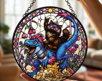 Attrape-soleil en vitrail Princesse Donut et Mongo, décoration de fenêtre pour explorateur de donjons, lecteur de livres fantastiques, amoureux des chats et passionné de fantasy, cadeau idéal pour les fans de fantasy
