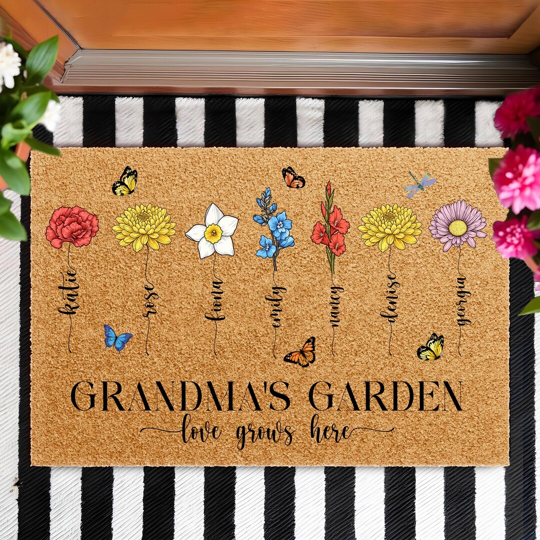 Grandmas Garden Doormat, Birth Flower Family Welcome Outdoor Rug ...