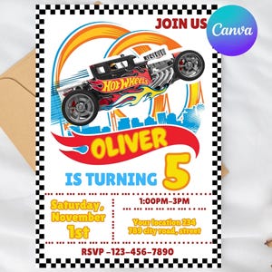 Puede incluir: Una invitación de cumpleaños con un diseño de coche Hot Wheels. La invitación incluye el nombre "Oliver", el número "5" y los detalles del evento. El diseño incorpora un borde a cuadros y el logotipo de Canva.