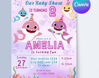 Bearbeitbarer Baby Hai-Geburtstagseinladung Zweiter Geburtstag Baby Hai zwei Geburtstag einladen, Kind Hai zwei Geburtstag einladen Vorlage 2nd