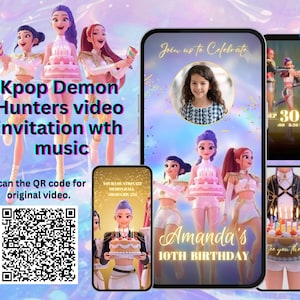 Video-uitnodiging Kpop Demon Hunters gouden verjaardag – bewerkbare digitale geanimeerde mobiele feestuitnodiging op canva (gouden en witte pakken Huntrix)