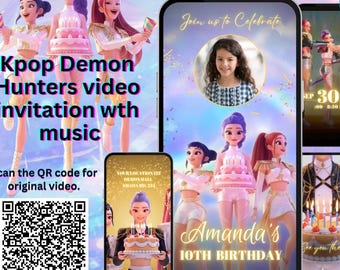 Invitation vidéo d'anniversaire dorée Kpop Demon Hunters - Invitation de fête mobile animée numérique Canva (costumes Huntrix or et blanc)