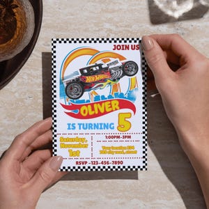 May include: A birthday invitation featuring a Hot Wheels car design. The invitation reads "OLIVER IS TURNING 5" with event details. The design includes a checkered border and a stylized car graphic.