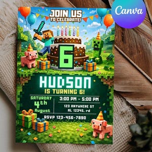 Pixel Block Birthday Party Invitation Template, MineCraffterr Boys Birthday Party Invite, Gamer Invitation, High Quality Canva Template