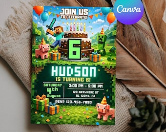 Modèle d'invitation de fête d'anniversaire de bloc de pixels, invitation de fête d'anniversaire de garçons MineCraffterr, invitation de joueur, modèle de toile de haute qualité