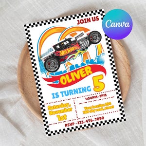 May include: A birthday invitation featuring a Hot Wheels car graphic. The invitation includes the text "OLIVER IS TURNING 5" with event details and RSVP information. The design incorporates a checkered border and a Canva logo.